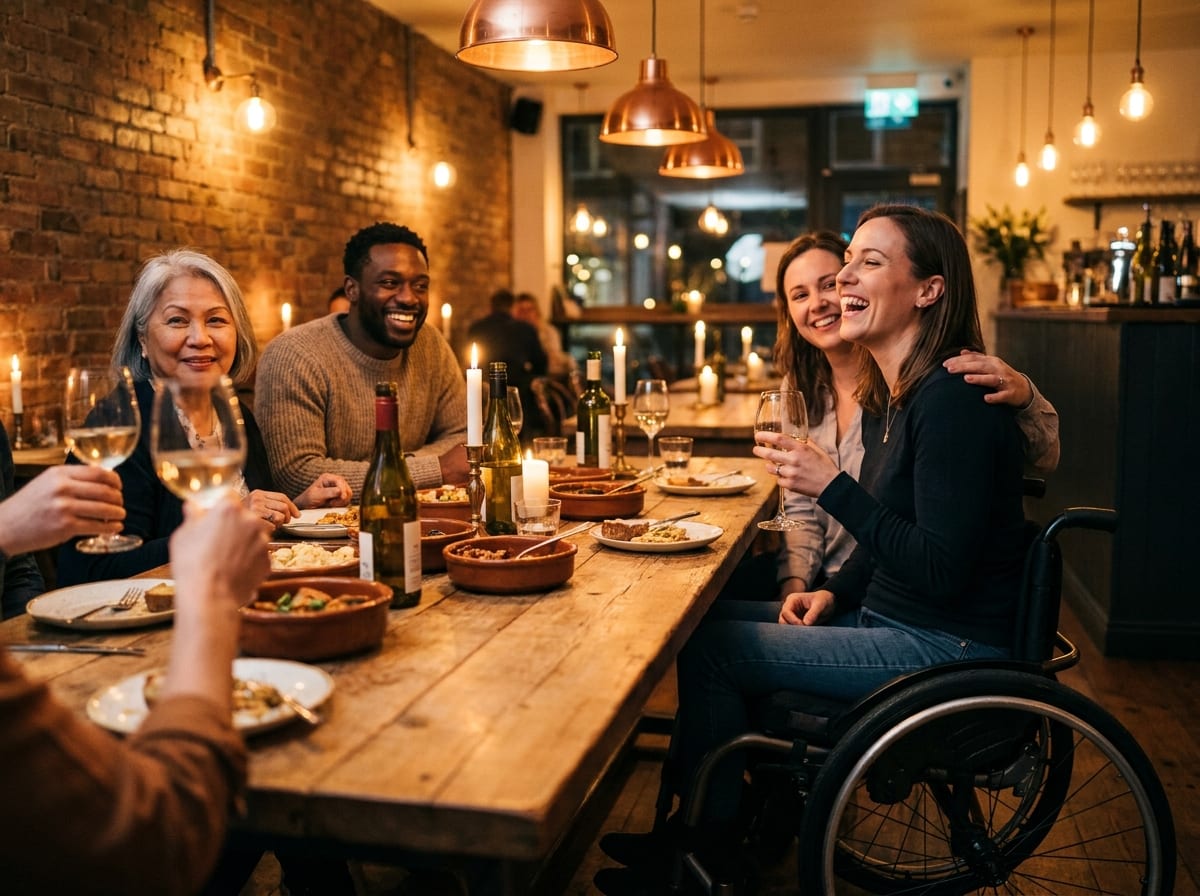 Four diverse friends including a woman in a manual wheelchair share a candlelit meal at a rustic restaurant table, mid-laugh, glasses raised in a toast