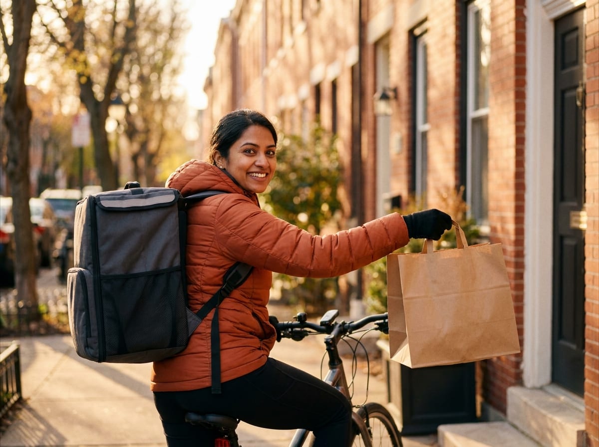 A friendly delivery cyclist smiling at the camera, handing over a fresh order in a brown kraft paper bag at a sunlit doorway