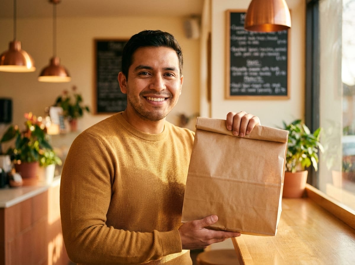 A smiling customer holding a brown kraft paper takeout bag at the restaurant counter, ready to head home with their order
