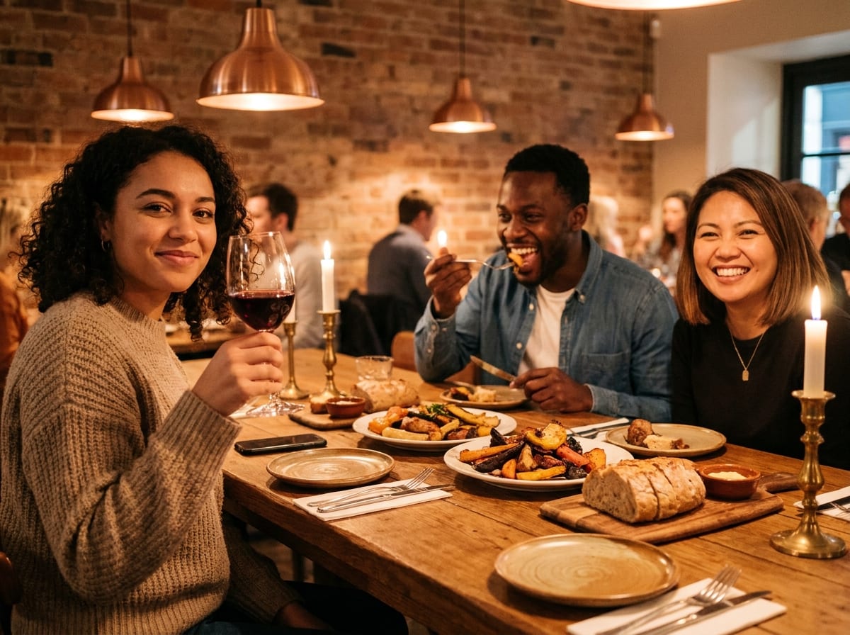 Three friends enjoying a meal together at a warm rustic restaurant — one raises her glass with a smile, capturing the joy of dining out